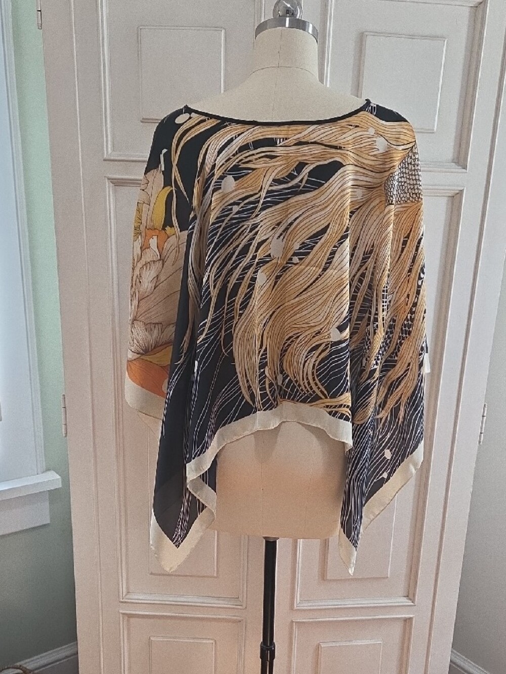 Floral & Koi Print Poncho in Yellow, Orange, Black - Picture 2 of 2